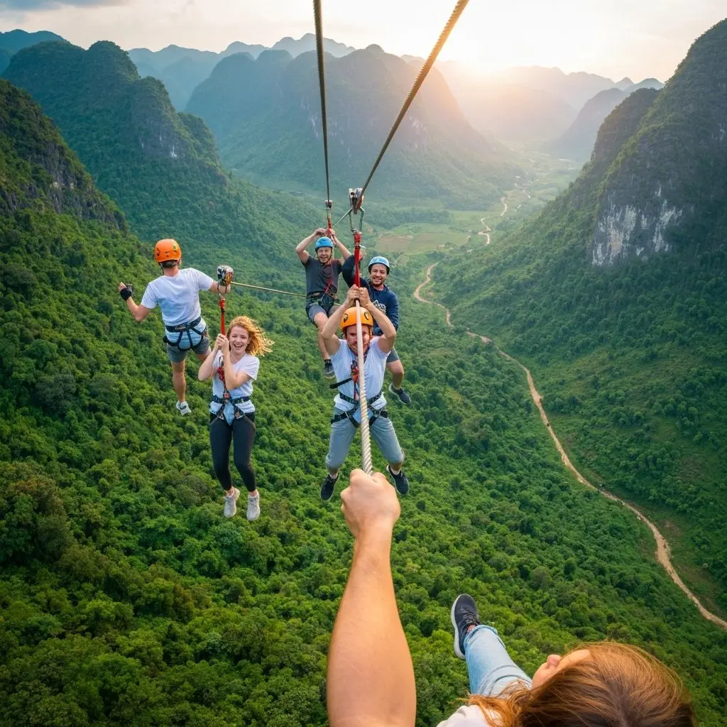Adventure zipline activity over Ha Giang mountains